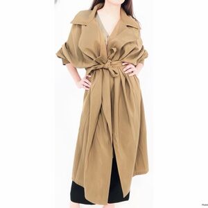 Mycra Pac Long Raincoat Open Trench Coat Yellow Mustard Khaki Vintage USA S/M